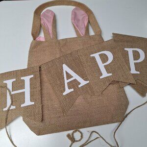 Burlap Bunny Tote Bag Happy Easter Banner Rabbit Spring Pink Ears Party Egg Hunt